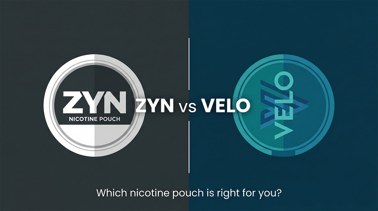 A can of Zyn nicotine pouches and a can of VELO nicotine pouches on a dark background with text  Which nicotine pouch is right for you?
