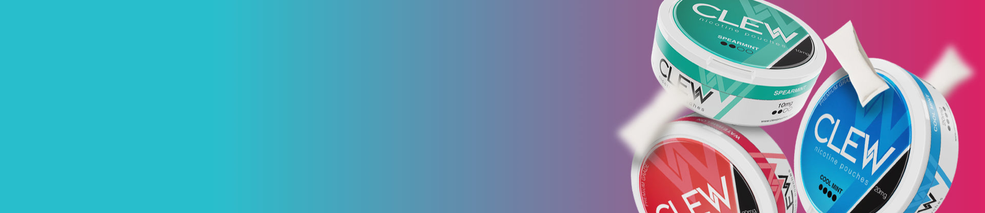 Multiple containers of 'CLEW' nicotine pouches on a gradient background