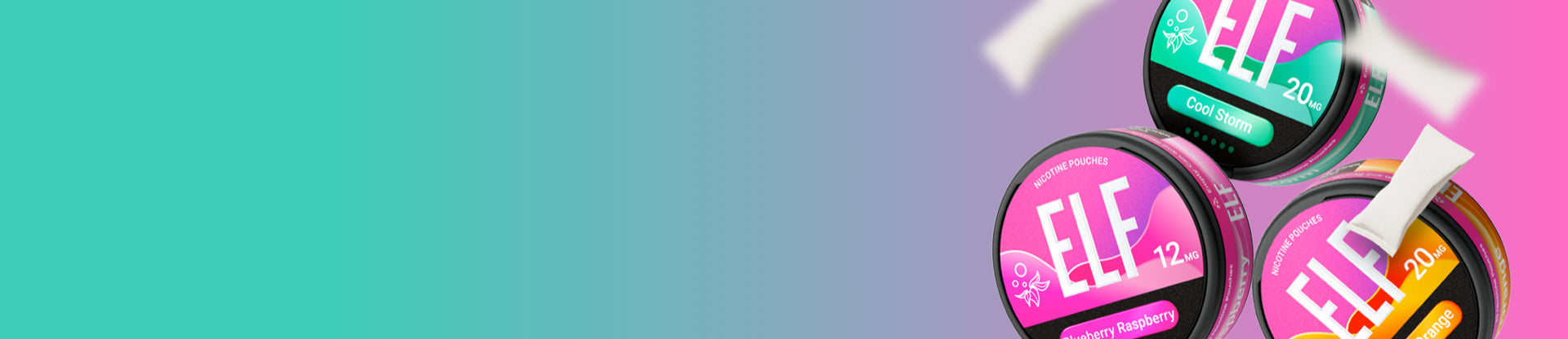 Three ELF nic pouch cans on a gradient background