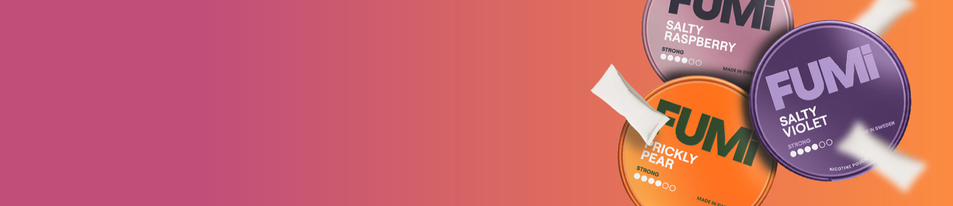 FUMI nic pouch packaging with colourful labels on a gradient background