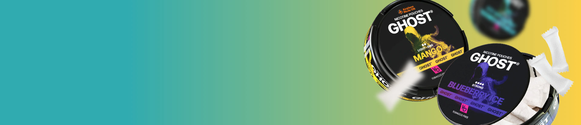 Three containers of Ghost nicotine pouches on a gradient background