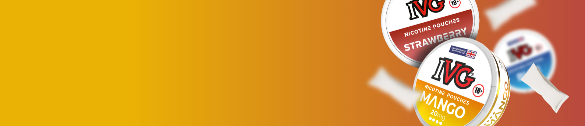 IVG nicotine pouch packaging with colourful labels on a gradient background