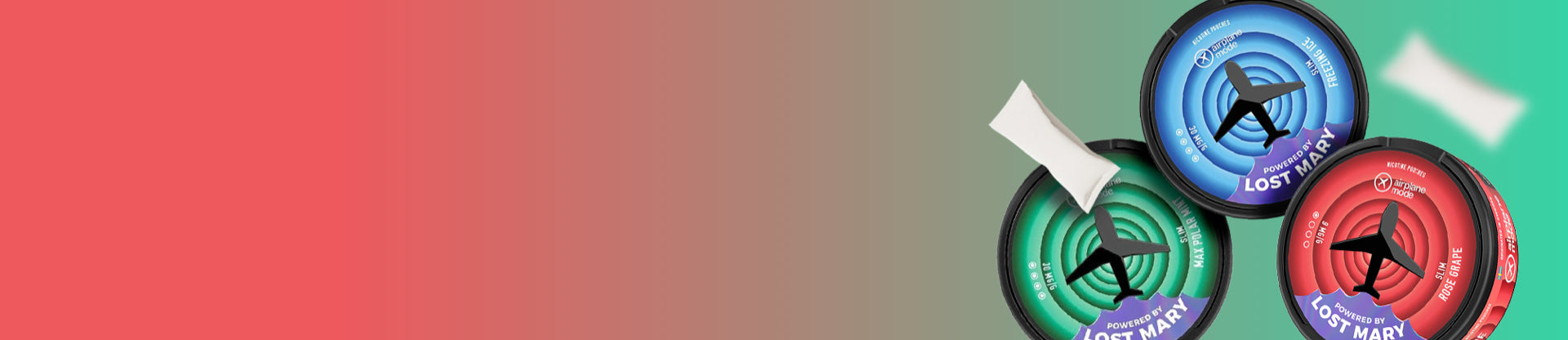 Three Lost Mary Airplane Mode nicotine pouch cans on a gradient background