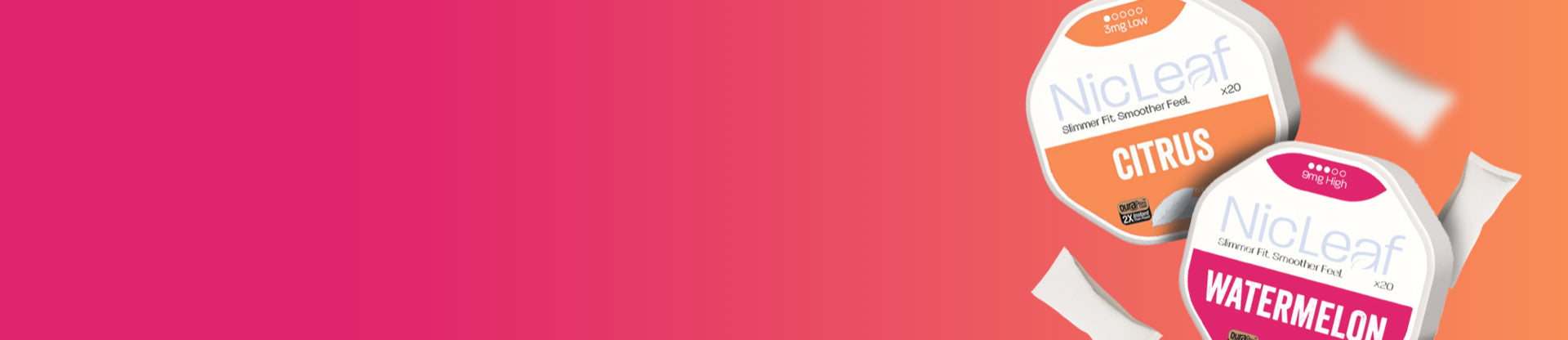 Two packs of Nic Leaf nicotine pouches, one citrus and one watermelon, on a gradient background.