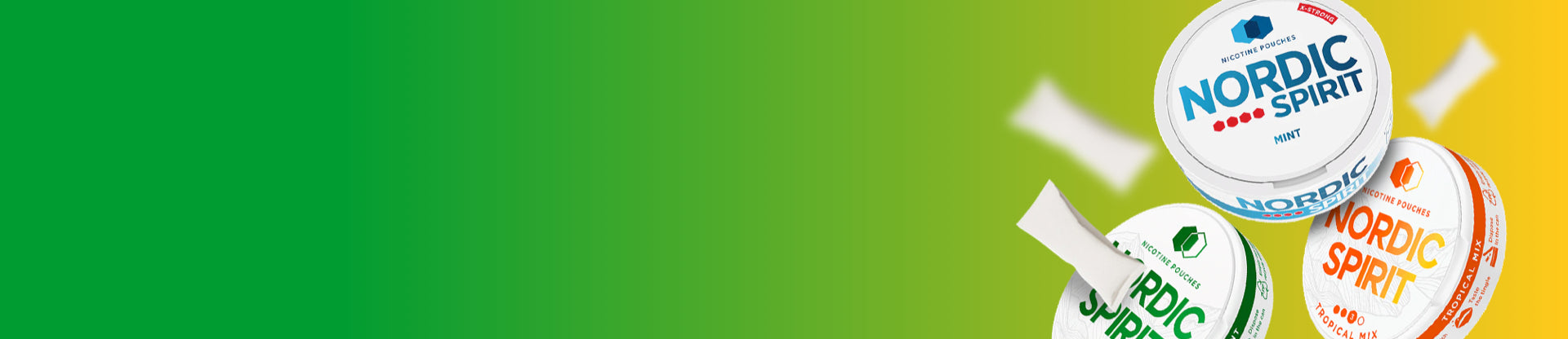 Nordic Spirit nicotine pouch cans on a gradient green to yellow background