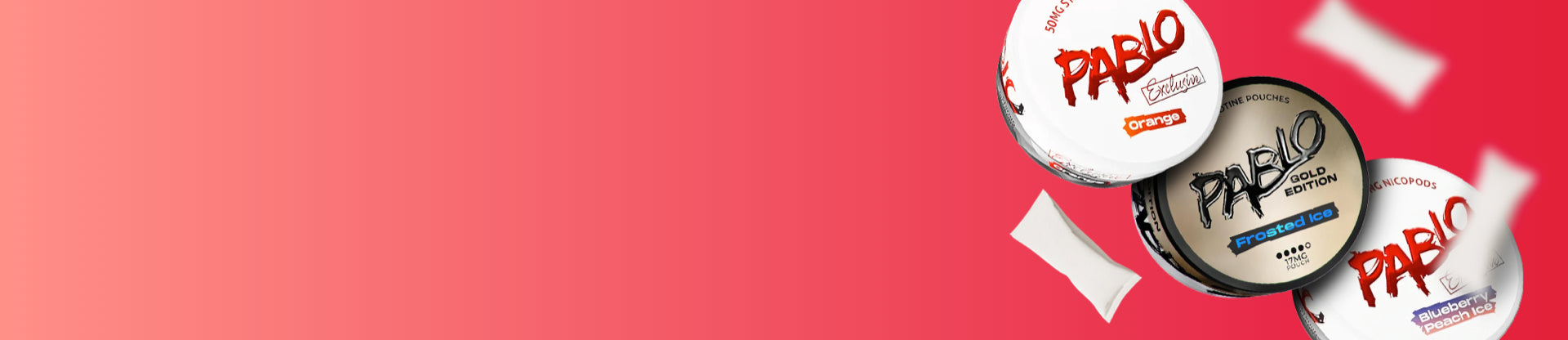 PABLO nicotine pouch cans and poucheson a pink background