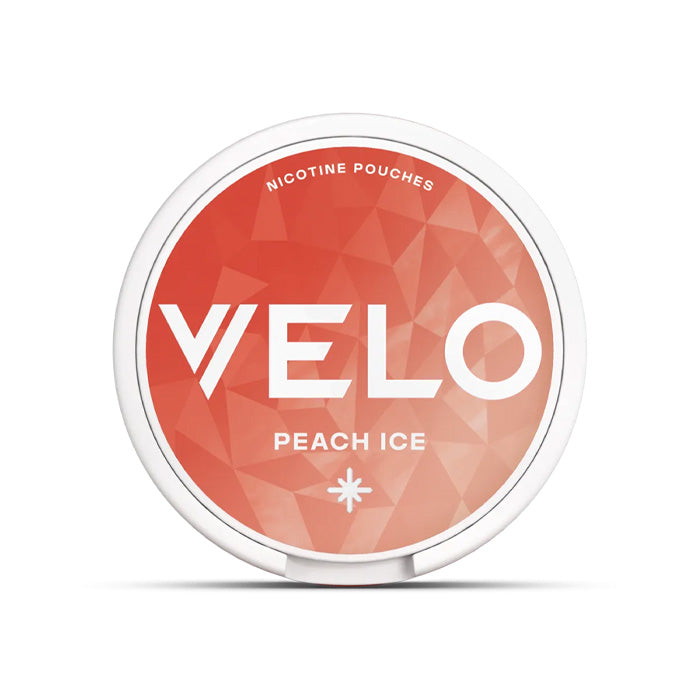 VELO Peach Ice nicotine pouches packaging on a white background