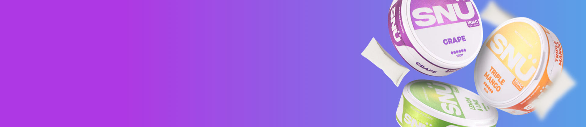 Three SNU nicotine pouch cans with different flavours on a colourful background