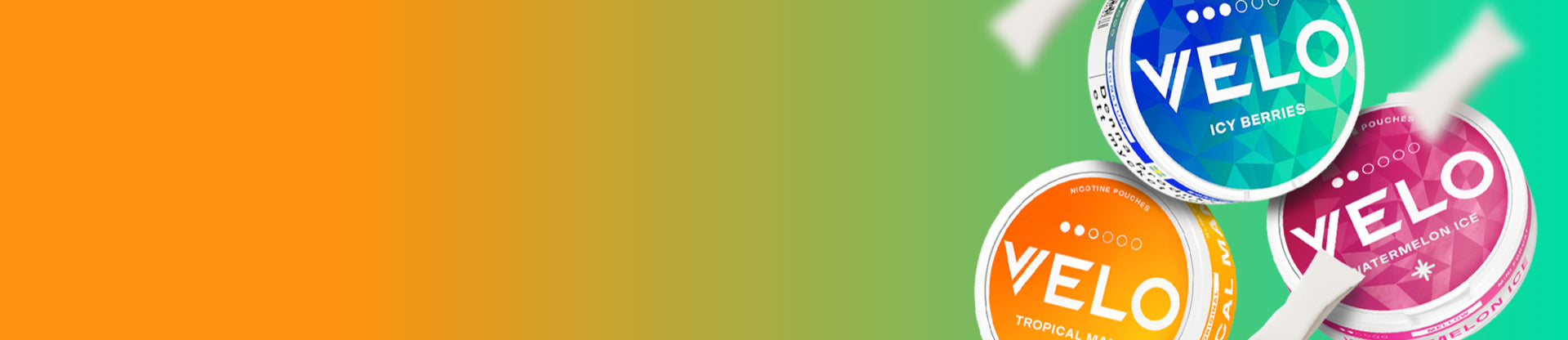 Colorful 'VELO' branded nic pouch cans on a gradient background