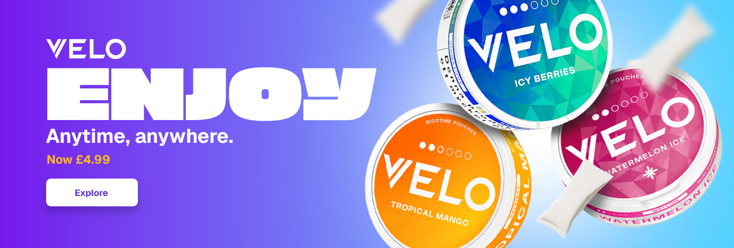 Promotional banner for Velo pouches with colourful Velo containers on a gradient background