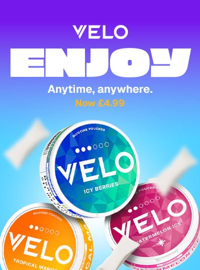 Promotional image of Velo pouches with colourful packaging on a blue background.