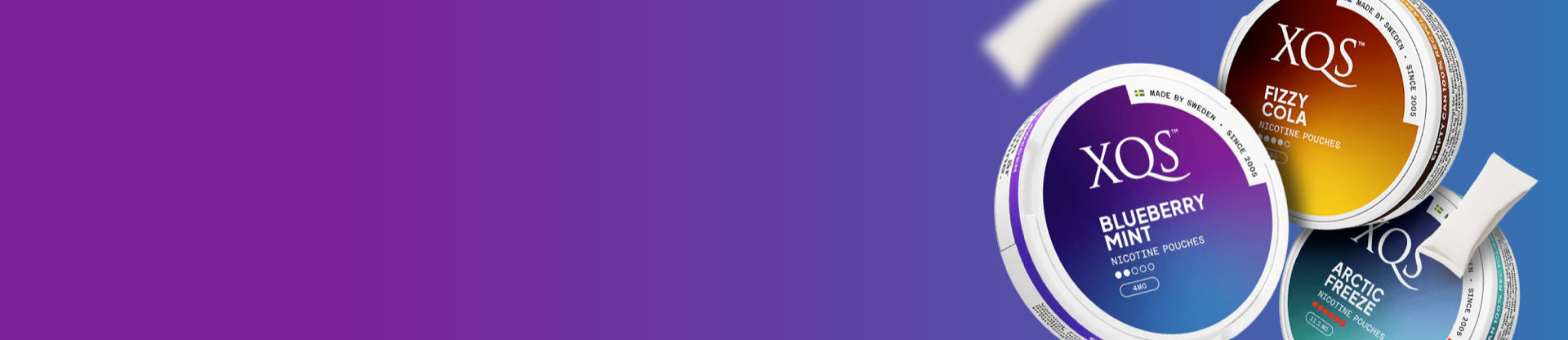 XOS nicotine pouch containers on a purple background