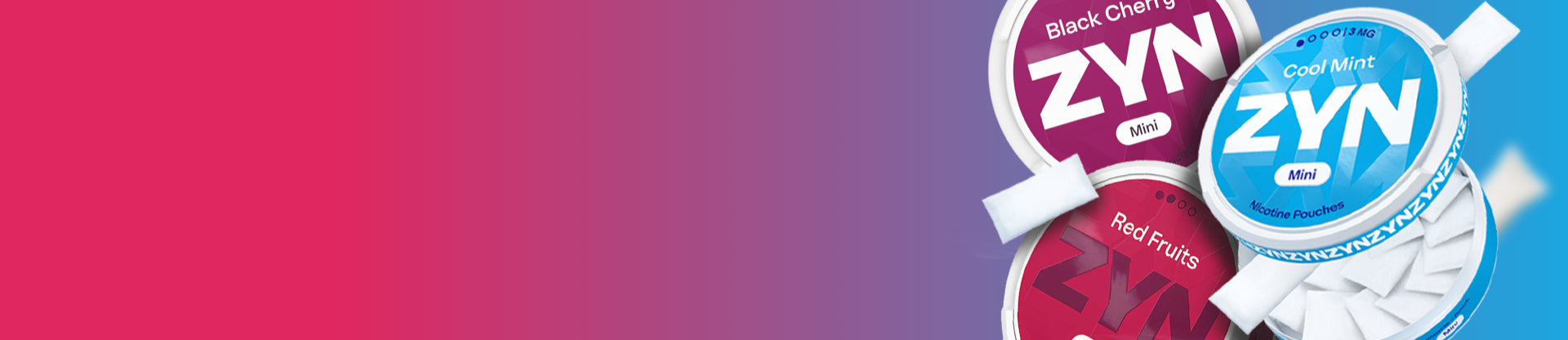 ZYN nicotine pouch cans with colourful labels on a gradient background