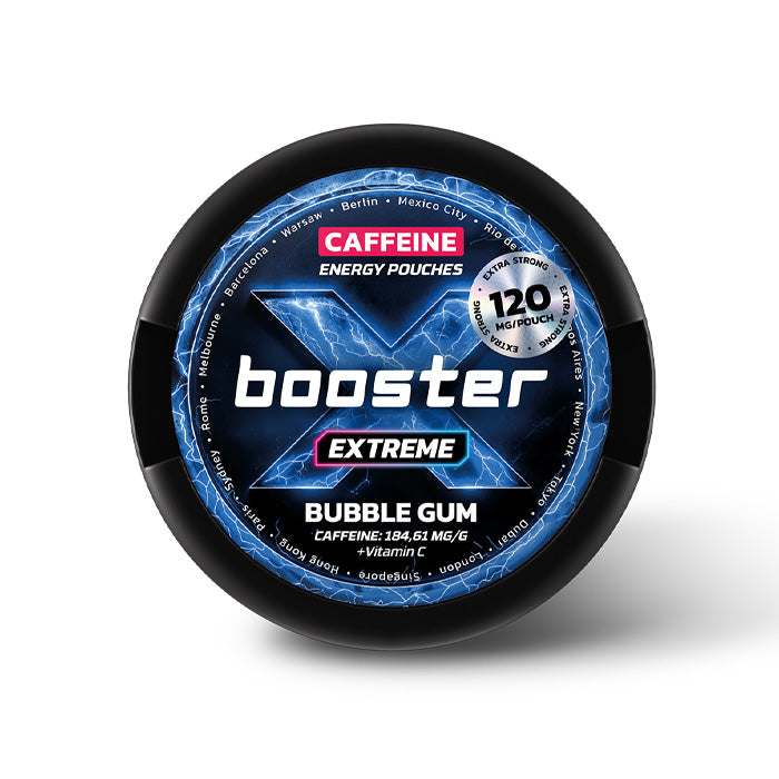 Can of 20 X-Booster Bubble Gum 120mg Caffeine Energy Pouches