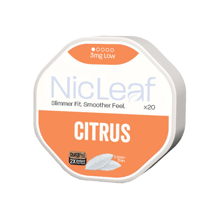 Tub of Citrus NicLeaf Nicotine Pouches
