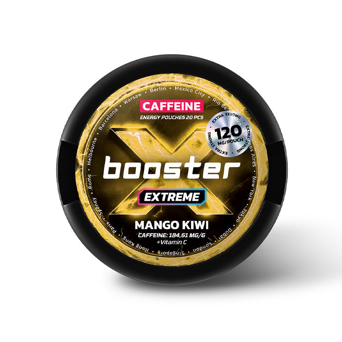 Can of 20 X-Booster Mango Kiwi 120mg Caffeine Energy Pouches