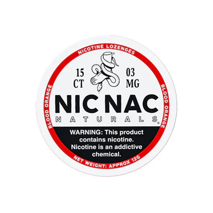 Can of fifteen Nic Nac Blood Orange 3mg Nicotine Lozenges