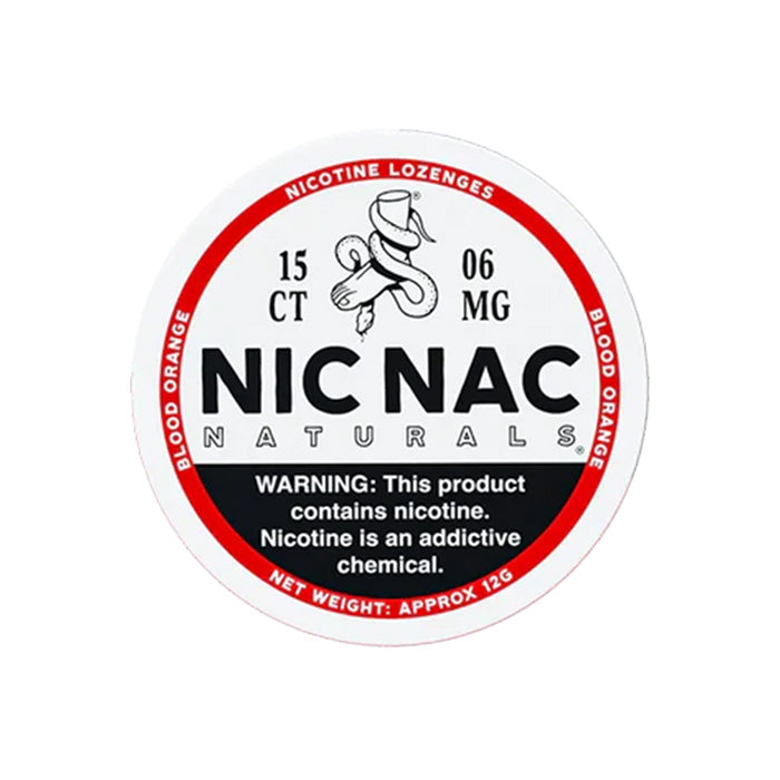 Can of fifteen Nic Nac Blood Orange 6mg Nicotine Lozenges