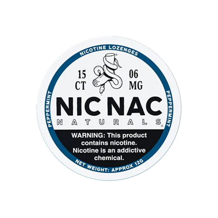 Can of fifteen Nic Nac Peppermint 6mg Nicotine Lozenges