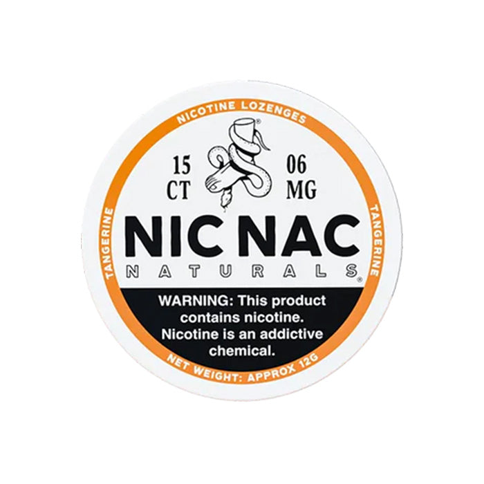 Can of fifteen Nic Nac Tangerine 6mg Nicotine Lozenges