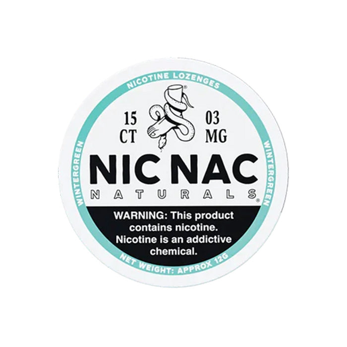 Can of fifteen Nic Nac Wintergreen 3mg Nicotine Lozenges