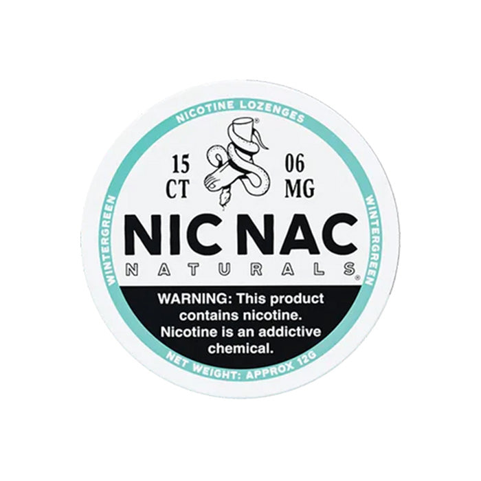 Can of fifteen Nic Nac Wintergreen 6mg Nicotine Lozenges